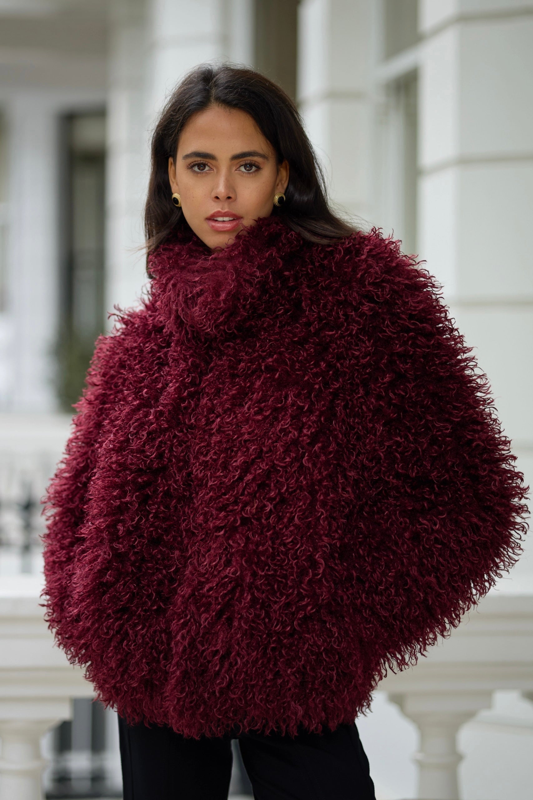 Faux Fur Mongolian Grace Coat - Burgundy