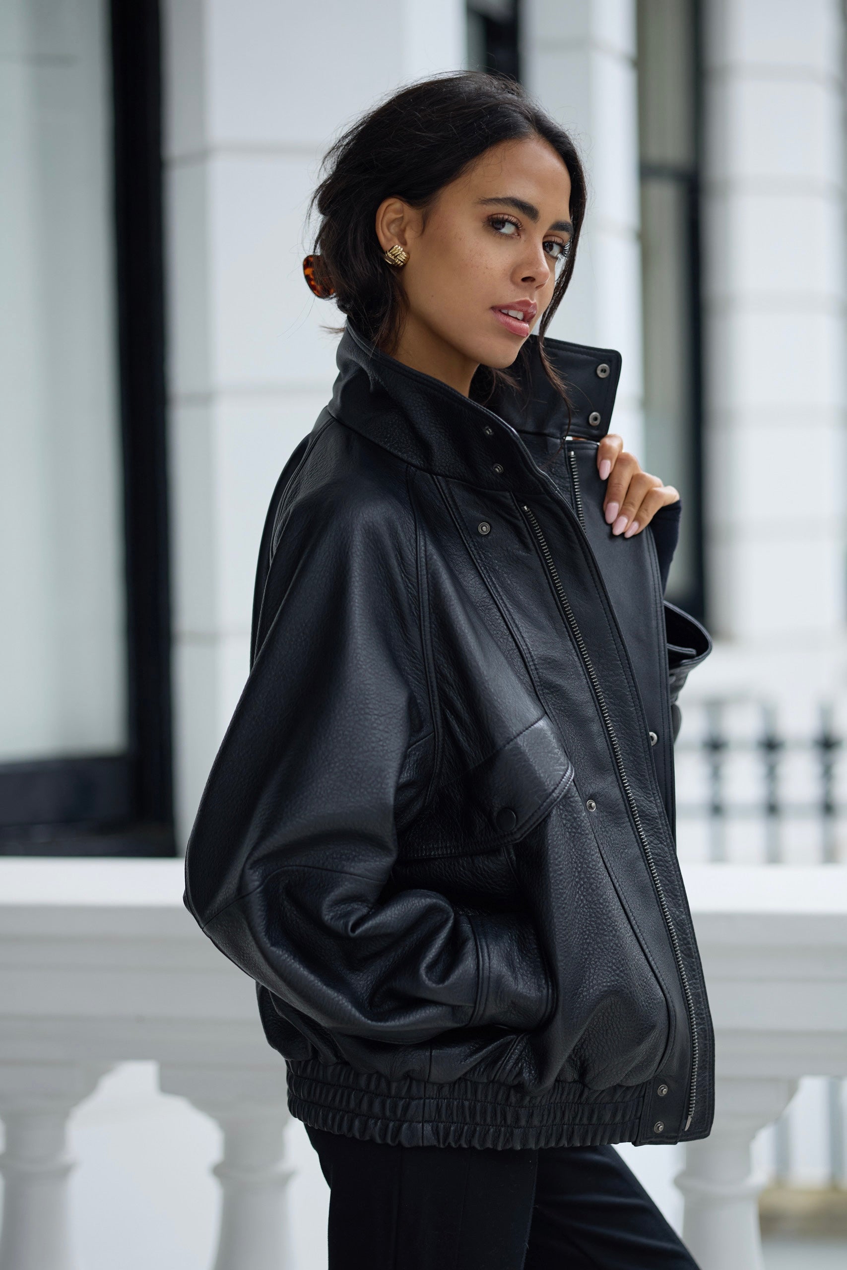 Lila Leather Oversized Bomber Jacket