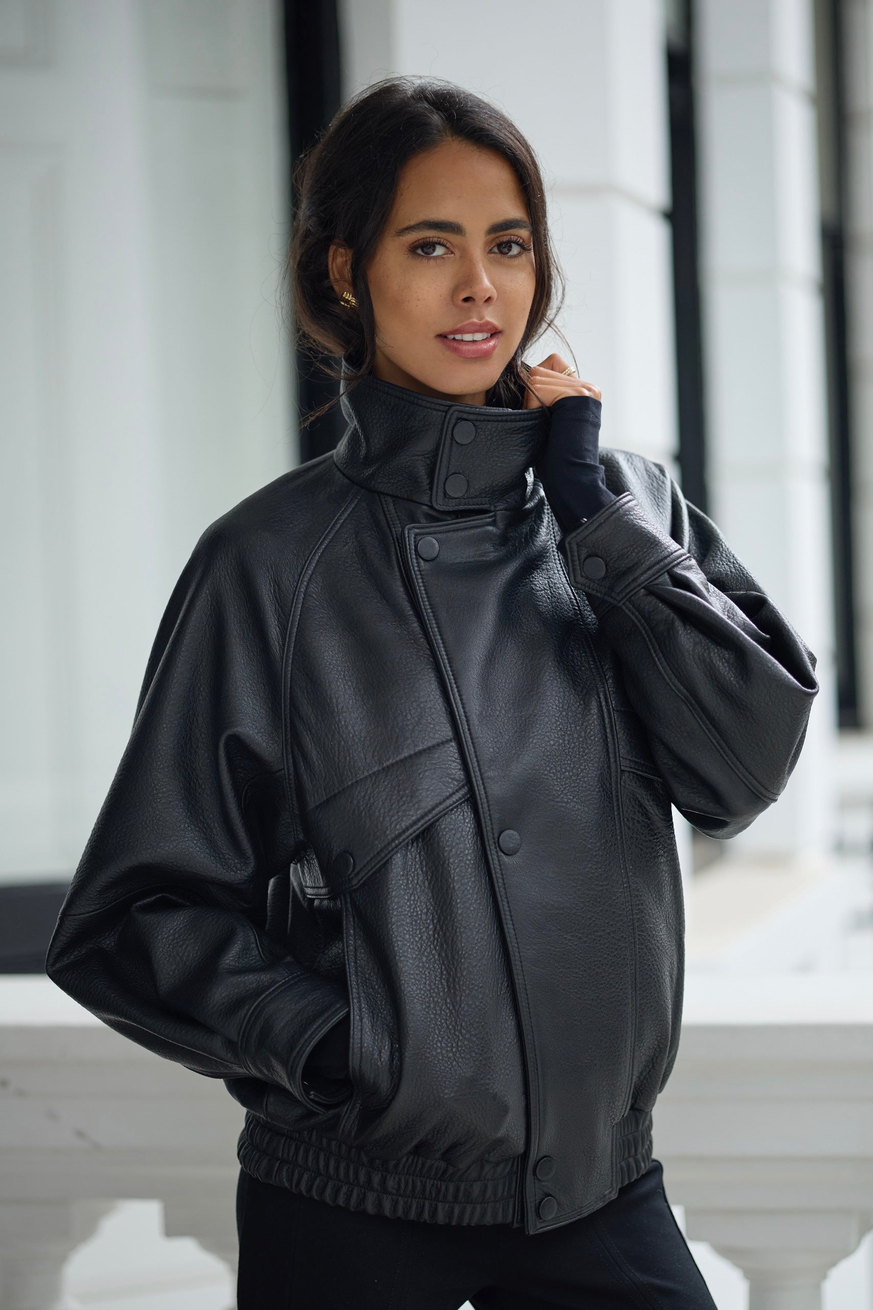 Lila Leather Oversized Bomber Jacket