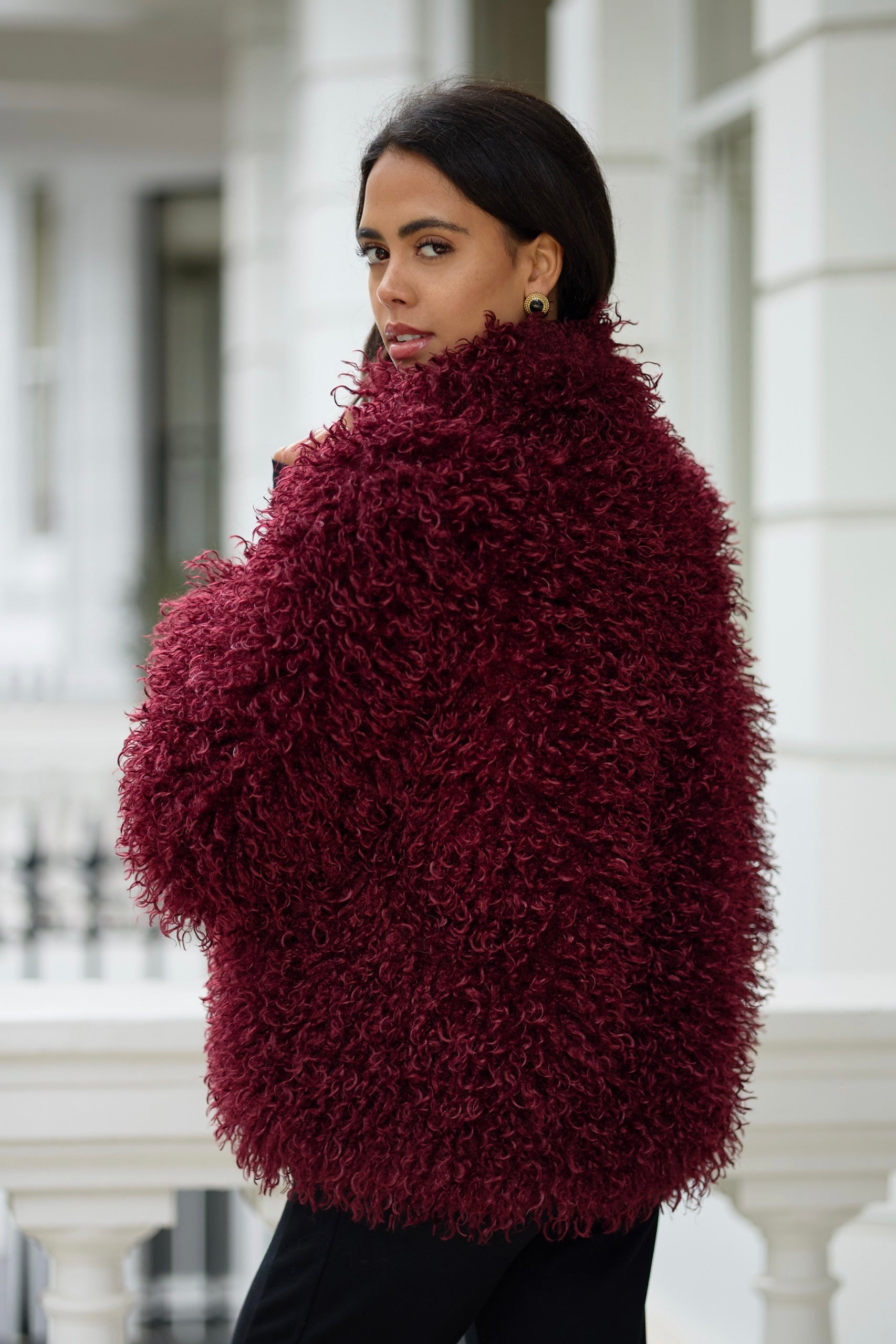 Faux Fur Mongolian Grace Coat - Burgundy