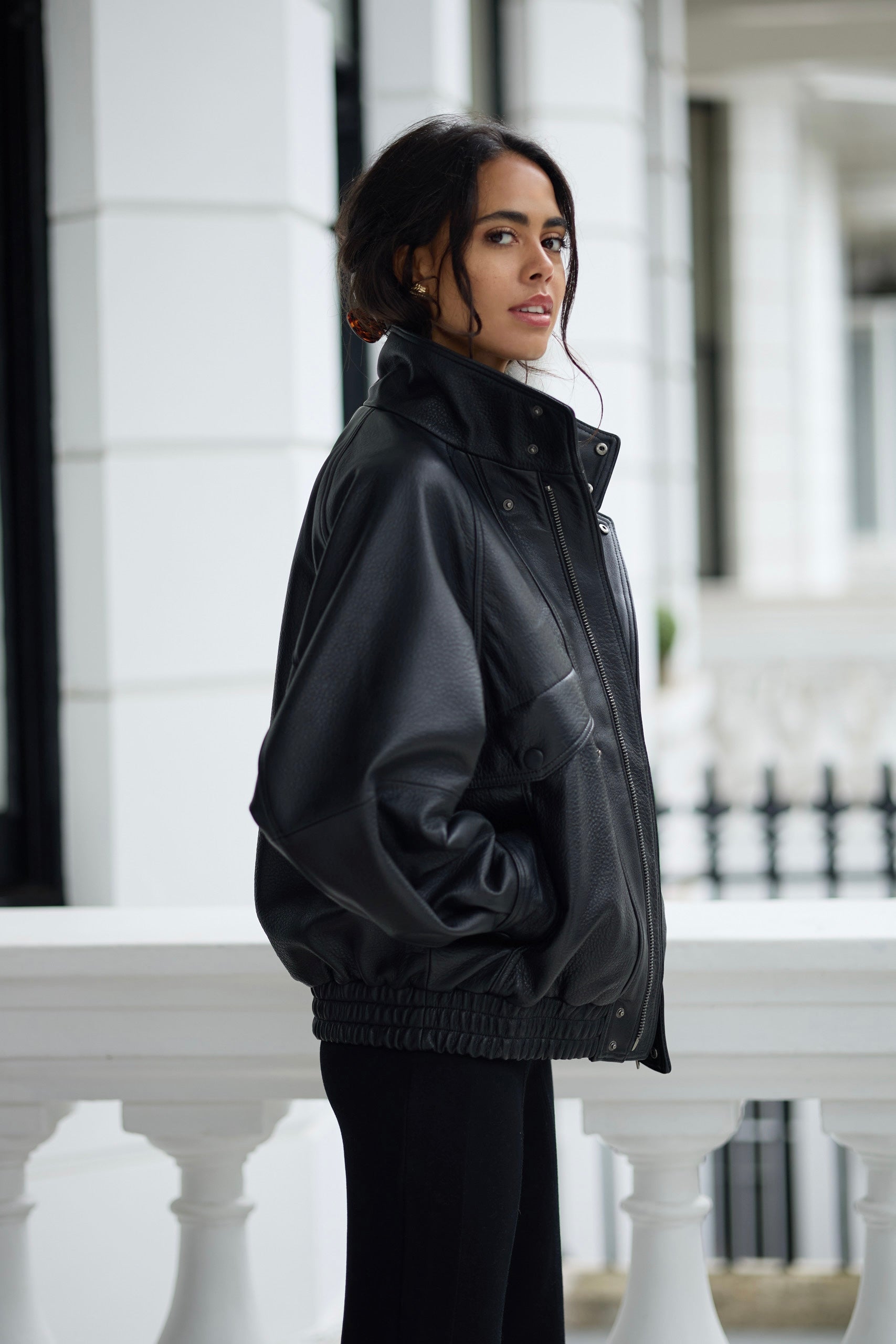 Lila Leather Oversized Bomber Jacket