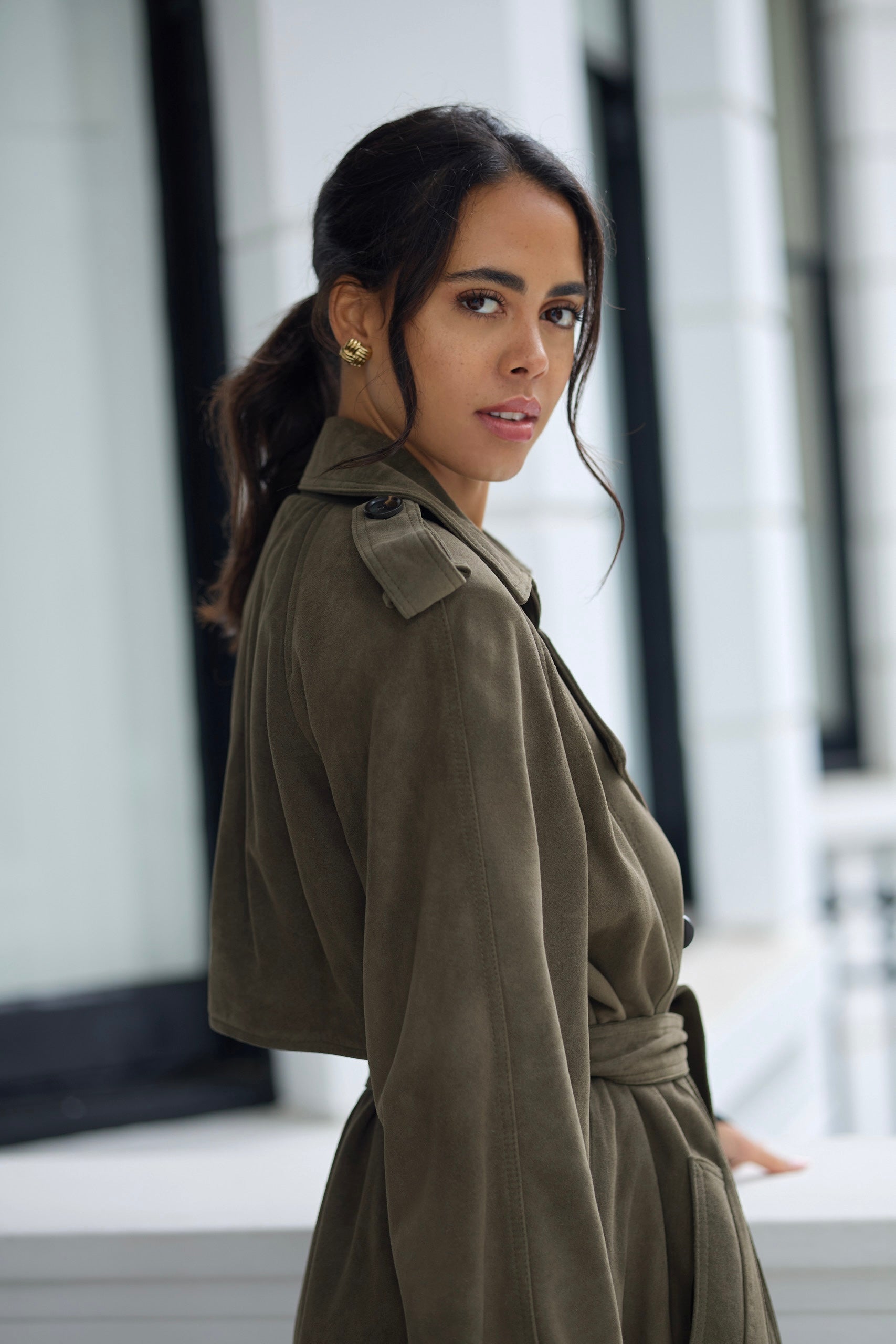 Indiana Khaki Suede Trench Coat